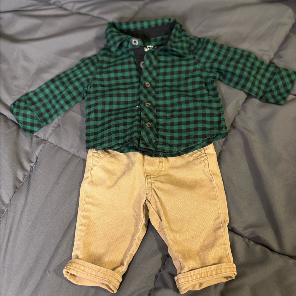 Cat & Jack Green Plaid Shirt and Tan Pants Set